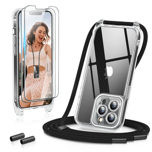 GOODVISH 3 in 1 Transparent iPhone 13 Pro 6.1" Case with Lanyard, with 2 pieces of Protective Film | 360° Protection