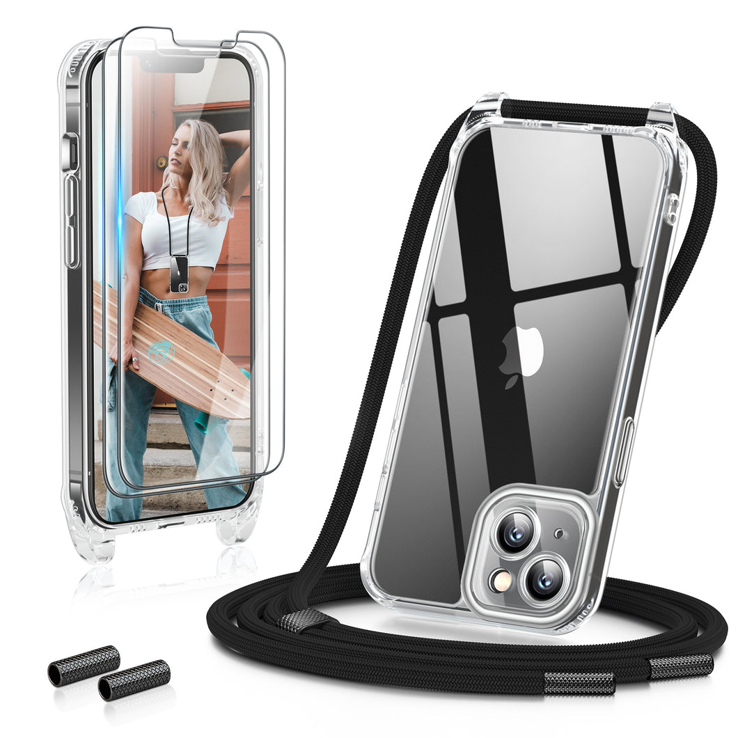 GOODVISH 3 in 1 Transparent iPhone 13 Case with Lanyard, with 2 pieces of Protective Film | 360° Protection- Camera and Screen