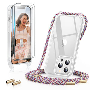 GOODVISH 3 in 1 Transparent iPhone 13 Pro 6.1" Case with Lanyard, with 2 pieces of Protective Film | 360° Protection