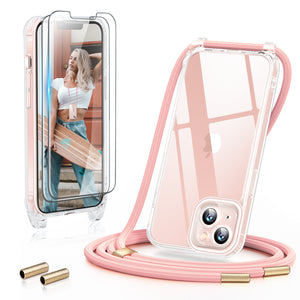 GOODVISH 3 in 1 Transparent iPhone 13 Case with Lanyard, with 2 pieces of Protective Film | 360° Protection- Camera and Screen