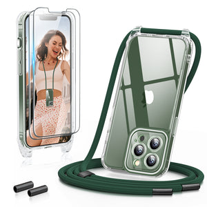 GOODVISH 3 in 1 Transparent iPhone 13 Pro 6.1" Case with Lanyard, with 2 pieces of Protective Film | 360° Protection