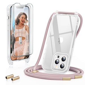 GOODVISH 3 in 1 Transparent iPhone 13 Pro 6.1" Case with Lanyard, with 2 pieces of Protective Film | 360° Protection