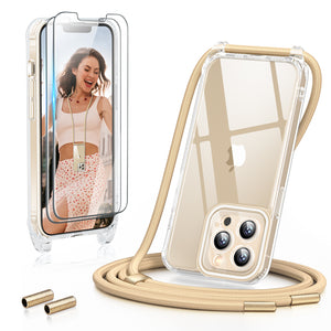 GOODVISH 3 in 1 Transparent iPhone 13 Pro 6.1" Case with Lanyard, with 2 pieces of Protective Film | 360° Protection